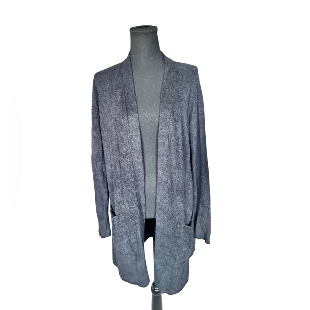 Barefoot Dreams CozyChic Lite Black Open Front Cardigan Med Duster Pockets T22